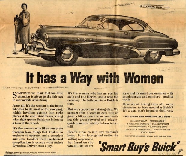 This Buick ad really leans into the “ladies love luxury” angle—with a side of 1950s gender norms. From grocery runs to fabric shopping, it claims Buick’s smooth ride and Dynaflow Drive will win women over. Translation: "Give her a car that shifts itself, and she’s yours." Equal parts charm and cringe—classic mid-century marketing.