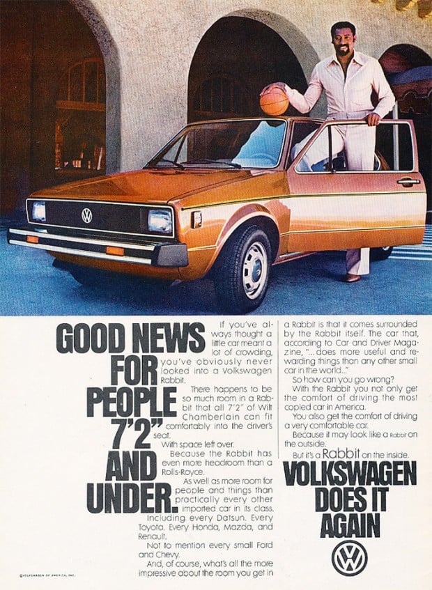 This vintage VW ad hilariously claims the Rabbit fits anyone 7'2" and under — proven by cramming Wilt Chamberlain inside. Turns out, small car, big surprise: it’s roomier than a Rolls-Royce (allegedly). Classic ‘70s charm, oversized punchline.
