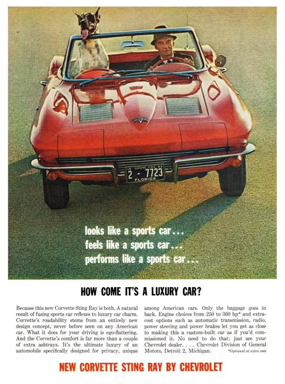 In this unforgettable Corvette Sting Ray ad, Chevy really went for the "man’s best friend—and midlife crisis companion" combo. Nothing says “luxury sports car” like a Great Dane riding shotgun, tongue out, ears flapping, and likely wondering why the human spent the inheritance on a fiberglass rocket. With lines like “feels like a sports car,” they forgot to add: “also fits your dog, cowboy hat, and existential questions.”