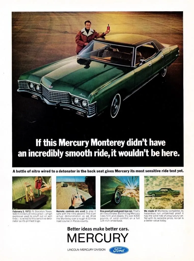 When your ride is so smooth it can cradle a bottle of nitroglycerin without blowing up—yeah, that’s confidence on wheels. Mercury Monterey: engineered for calm under literal pressure.