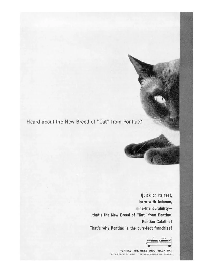 Sleek, sharp, and always landing on its wheels—Pontiac's new ‘Cat’ has claws, class, and nine lives of performance. The Catalina: purr-fection in motion.